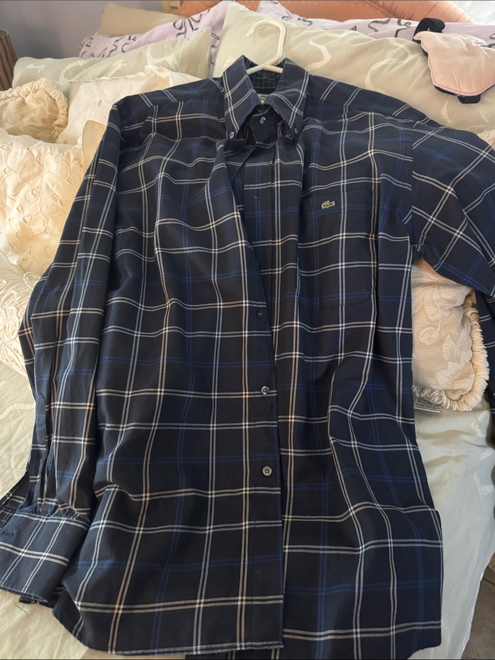 Lacoste Men's Dark Navy and White Plaid Button-Down Shirt